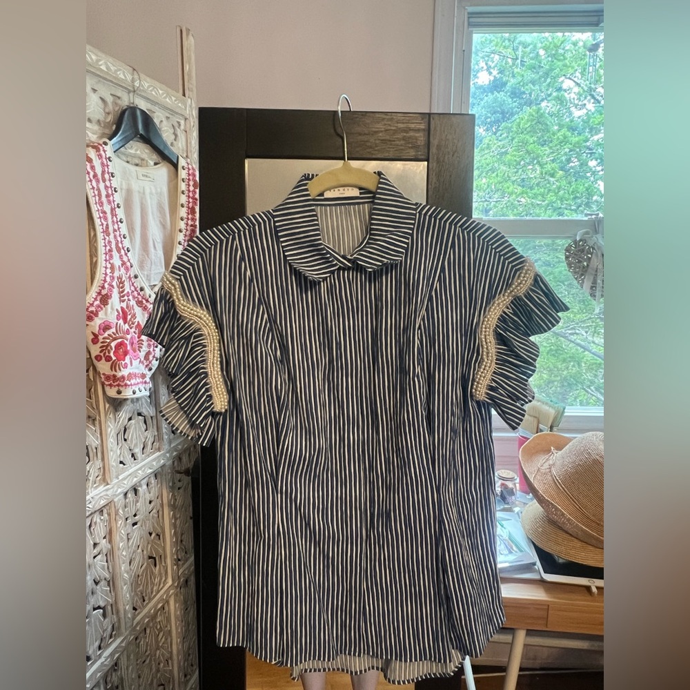 Sandro Paris Striped Ruffle Sleeve Blouse